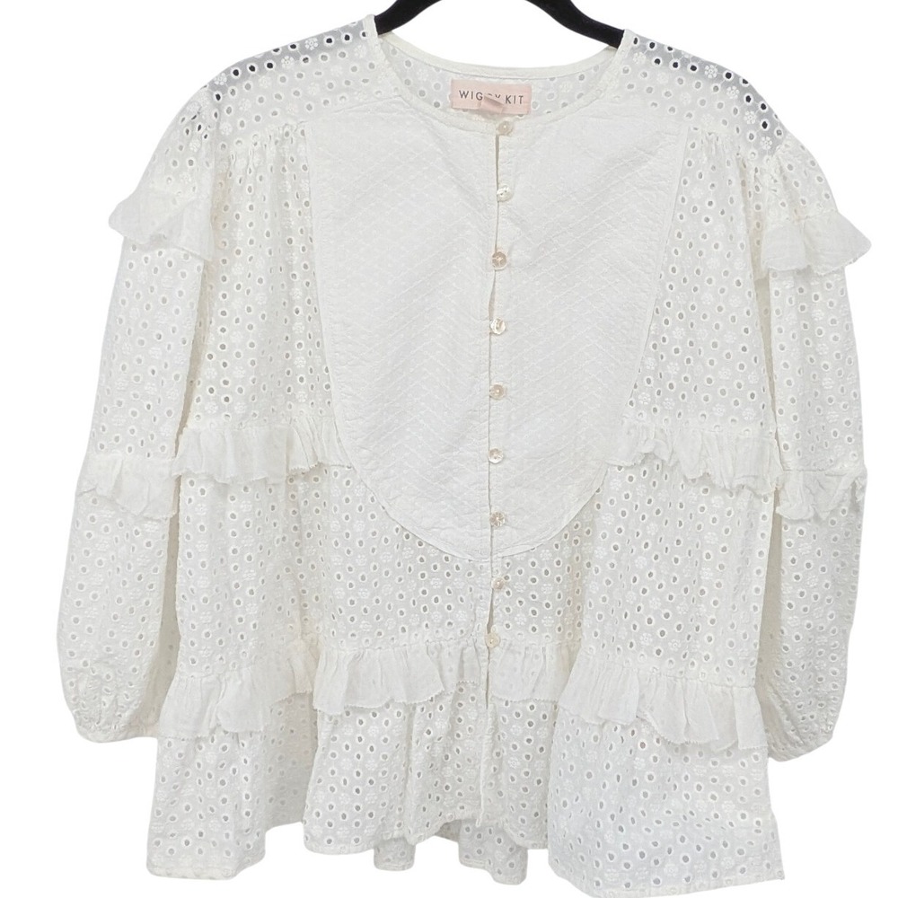 Wiggy Kit Top Womens XS White Eyelet Ruffle Button Up Cotton Cottagecore Prairie